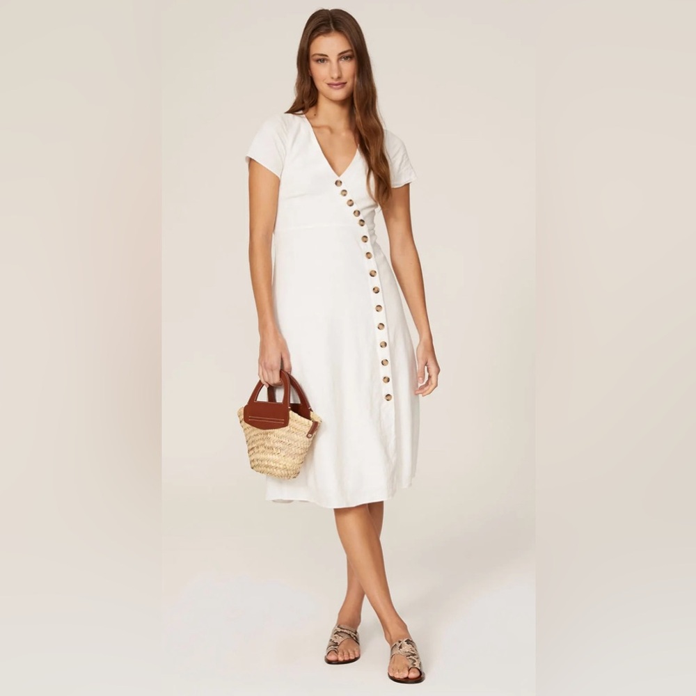 Madewell Karell Linen-Blend Button-Wrap Midi Dress 0 White